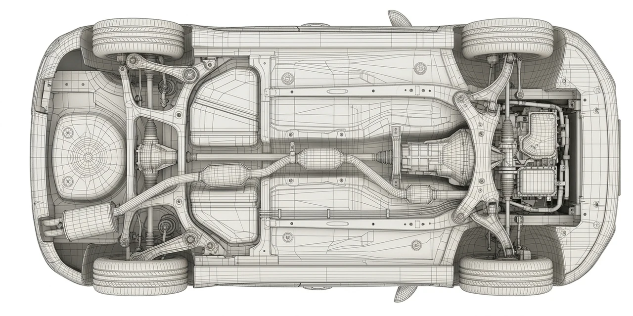 Vue châssis Renault Clio 5 filaire, dessous de caisse